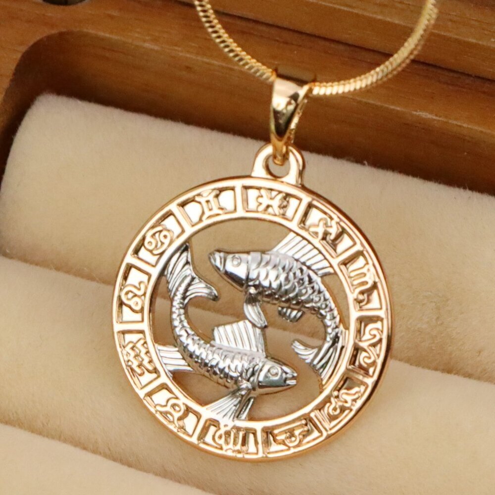 "Rose Gold Pisces Zodiac Pendant with Twin Fish Symbol Design, XPPT1456